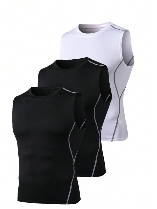 Boyfriend Style Men 3pcs/Set Compression Tank Top Workout Tank Top, Quick Dry Sleeveless Base Layer Gym Clothes Basic T Shirt