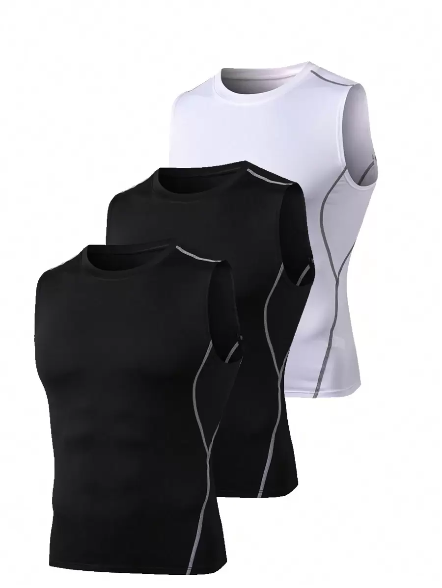 Set de 3 camisetas de compresión tipo novio, camisetas sin mangas de capa base para hacer ejercicio, de secado rápido, para ropa de gimnasio - Albaricoque - Ver 1