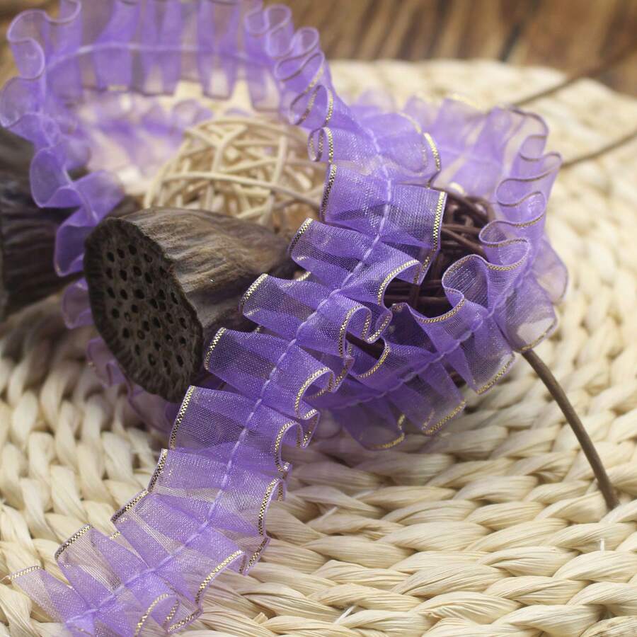 1000cm×2.5cm紫色雙金邊紗質絲帶,中心線褶邊修飾,適用於髮飾、玩具、工藝品、服裝、促銷