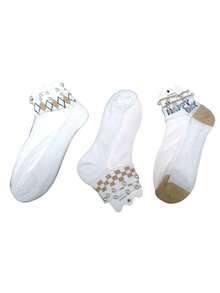 6 Pairs Of Transparent Pearl Socks With Cute And Beautiful Prints - 米色 - 查看 4