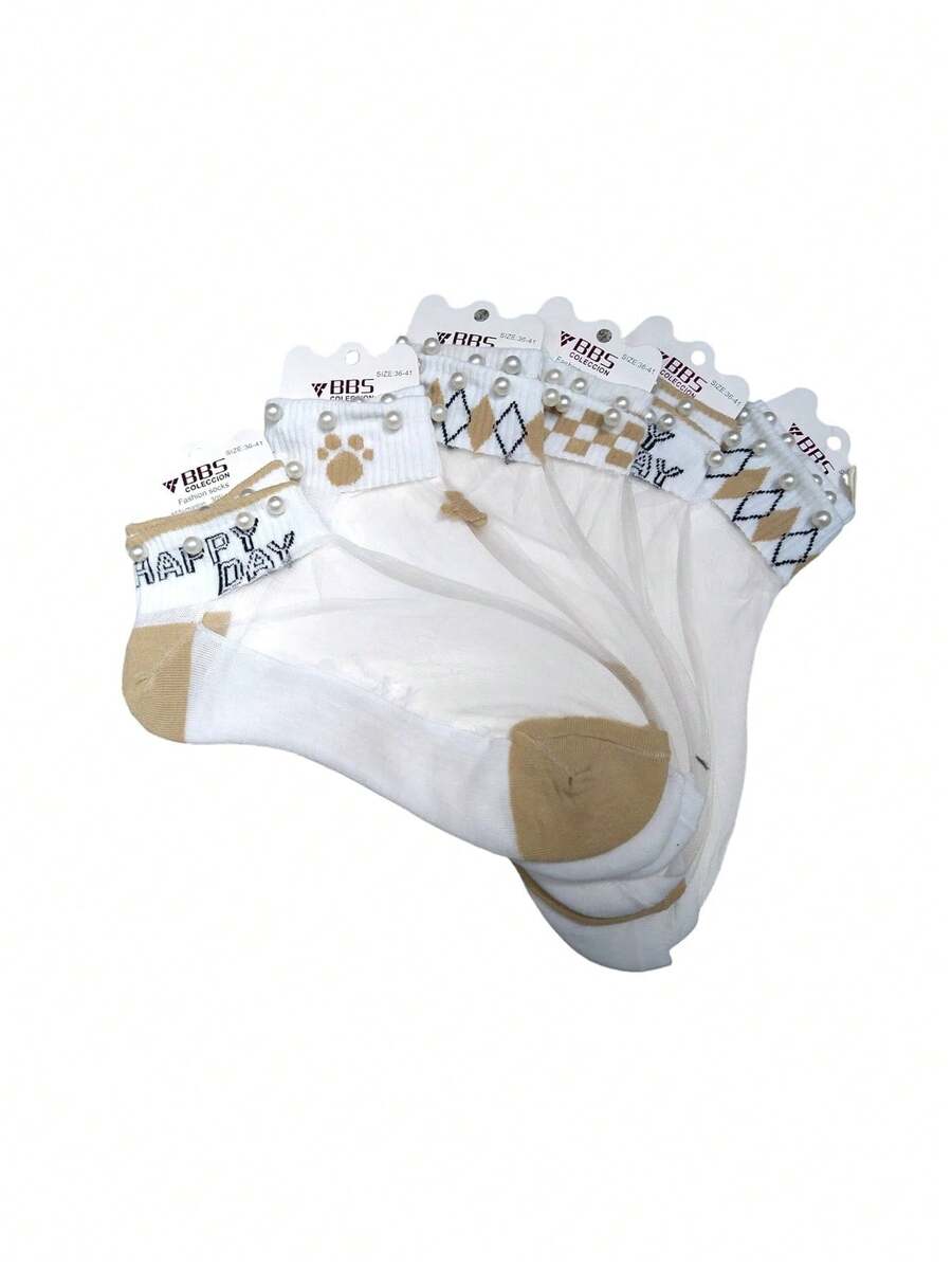 6 Pairs Of Transparent Pearl Socks With Cute And Beautiful Prints - 米色 - 查看 1