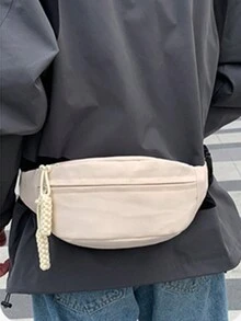 1入組白色純色耐磨耐水尼龍布腰包,胸包拉頭上飾有流蘇裝飾,多格口,大容量,帶隱藏口袋的大隔層,可斜跨腰間,適用於男女購物,運動,健身,跑步,打球,滑雪,游泳,閒暇和假日週末旅行,派對假日禮物回學校 - 白色 - 查看 2