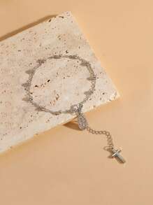 CVNANA 1pc Cross & Beads Decor Simple Mary Maugdalene Bracelet With Adjustable String, European And American Style - Silver - View 9