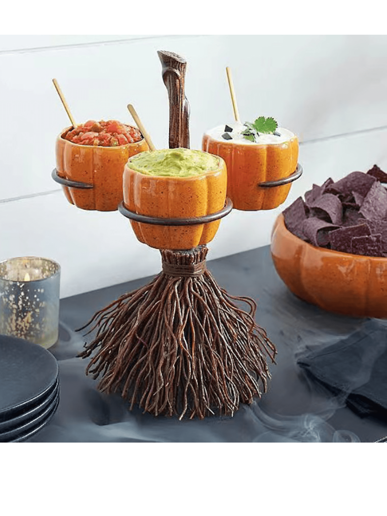 1pc Halloween Resin Pumpkin Cup Holder With Broom & Tray, Table