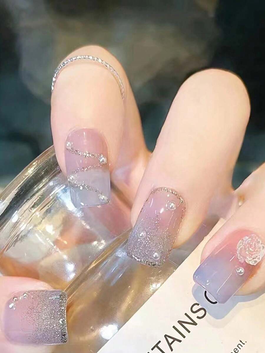 升級您的外觀 24 件長方形藍色 3d 立體裝飾花朵設計人造珍珠貓眼全罩可拆卸假指甲假指甲假指甲按壓式指甲全指甲貼紙適合女士和女孩