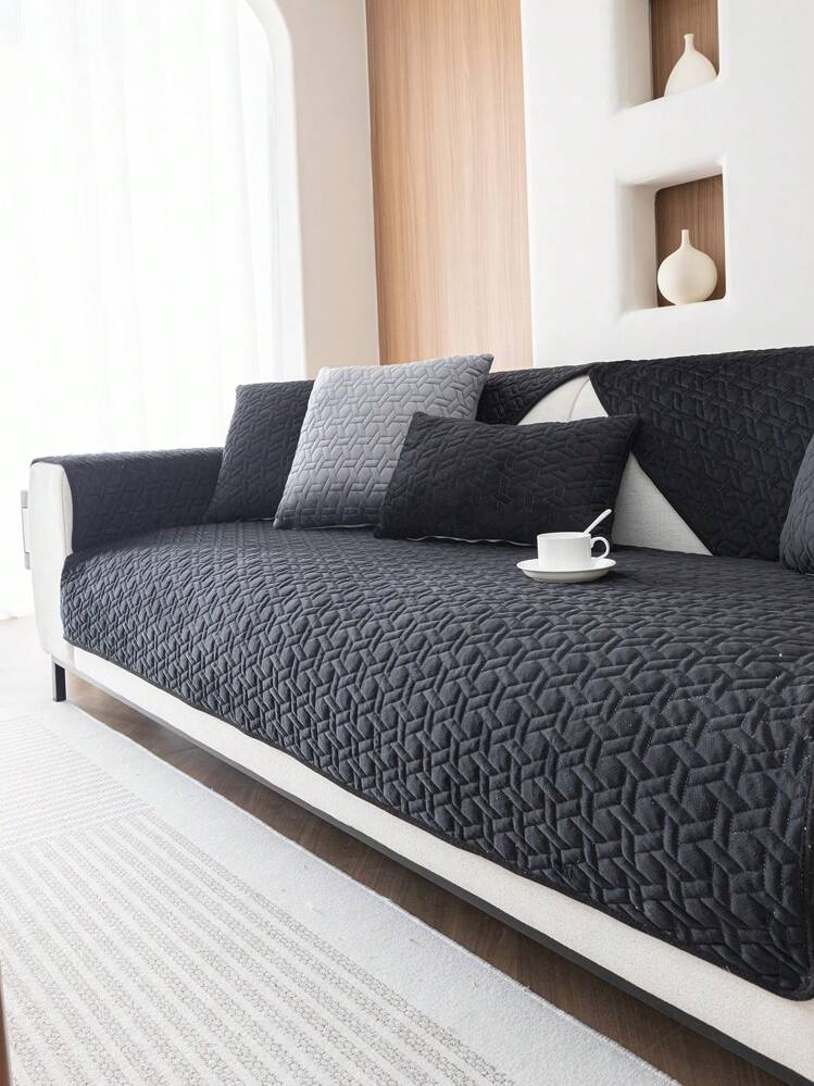 1 件几何绗缝天鹅绒沙发垫，简约风格，防滑靠背，宠物友好，柔软多功能防污防尘，节日装饰沙发套，适合靠背、扶手，四季皆宜 - 黑色 - 查看 4