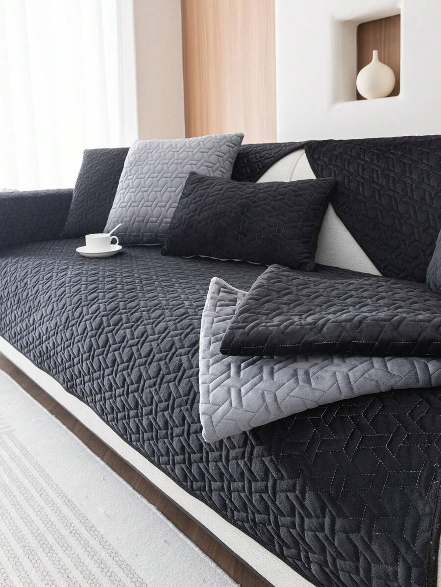 1 件几何绗缝天鹅绒沙发垫，简约风格，防滑靠背，宠物友好，柔软多功能防污防尘，节日装饰沙发套，适合靠背、扶手，四季皆宜 - 黑色 - 查看 1