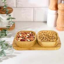 Jogo Petisqueira de bambu 3 peças bowl tigela cumbuca potes com base retangular gamela madeira para frios frutas fondue alimentos petiscos aperitivos bar restaurante porção salgadinhos amendoim nozes castanha suporte bamboo