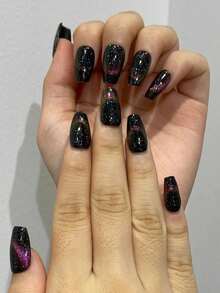 純手工美甲套裝-10入組美甲貼片,工具套件,4入組全覆蓋款,適用於派對和舞會活動 - 酒紅色 - 查看 4