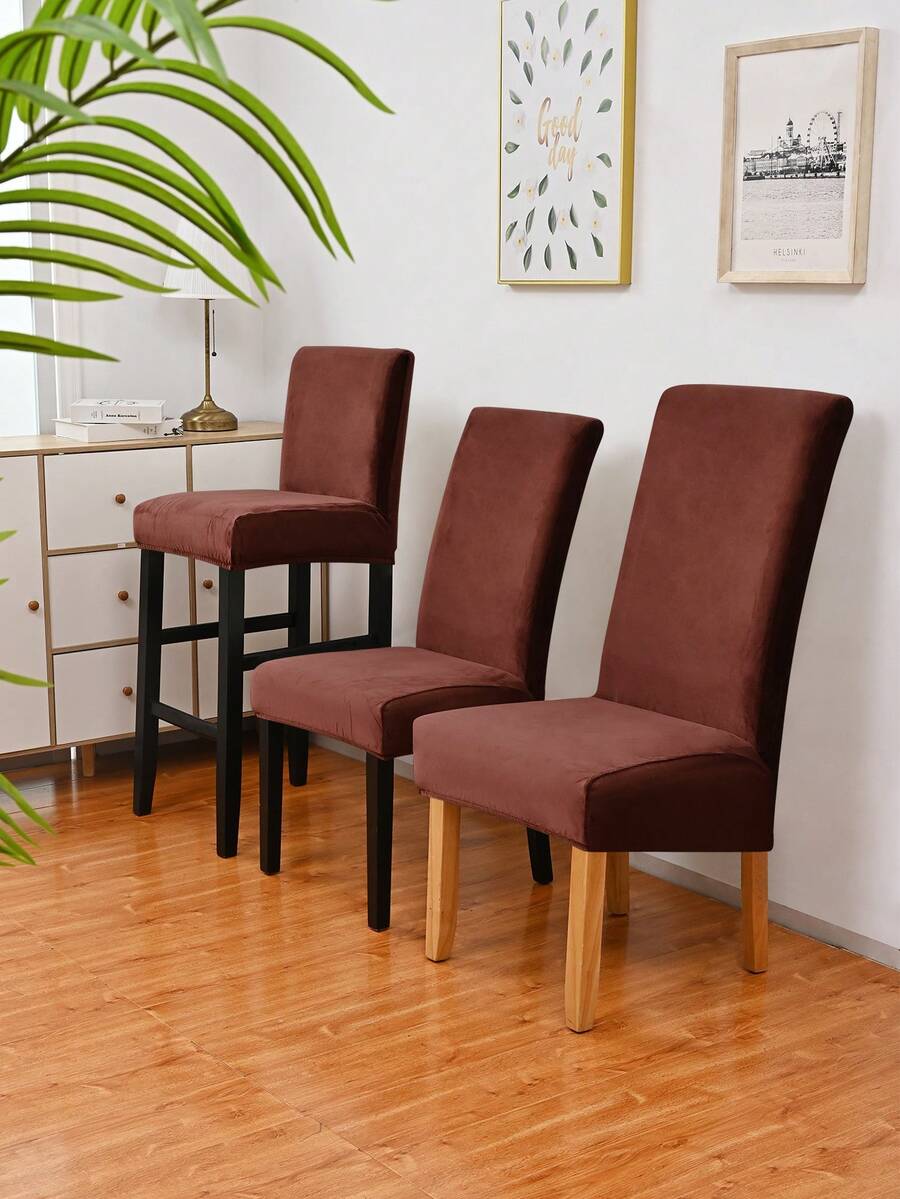 1 Miếng Độ co giãn Cao Đơn giản Màu bạc Con cáo Nhung Bọc Ghế ăn , Nhà hàng Chống bụi Màu thuần Trang trí Bao ghế - Cà phê nâu - Xem 1