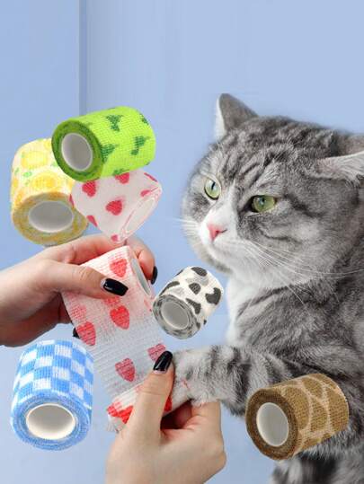 6 Peças/Pacote Impresso Não Tecido Tecido Cor Misturada Cachorro Perna Cuff Para Atividades Ao Ar Livre , Autoadesivo Animal De Estimação Pé & Articulação Protetor , Arranhão De Gato Curativo