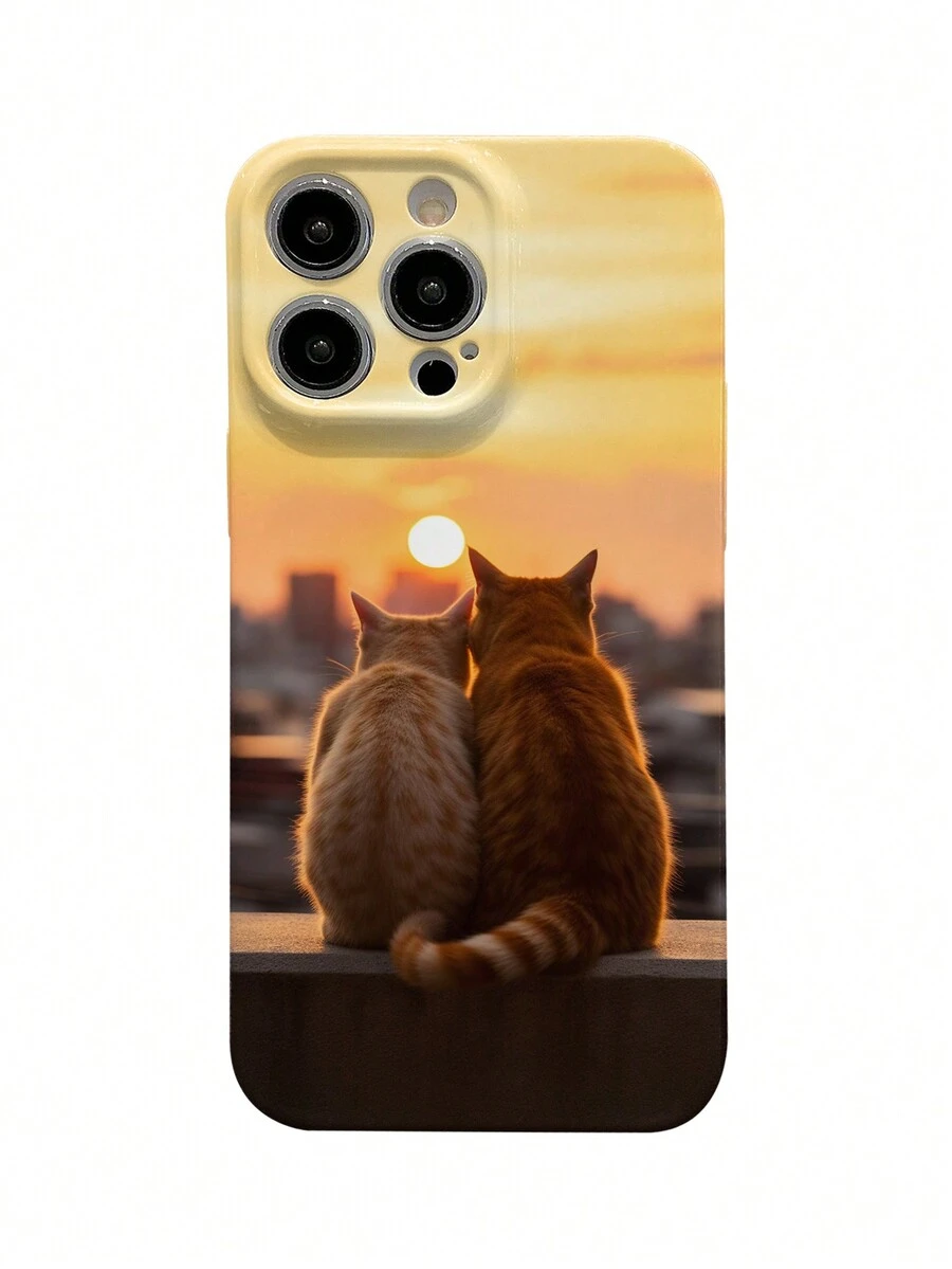 1 Set Of Sunset Couple Cat Pattern All-Inclusive Film Mobile Phone Case Compatible With Apple 15 Series Mobile Phones - White - View 1