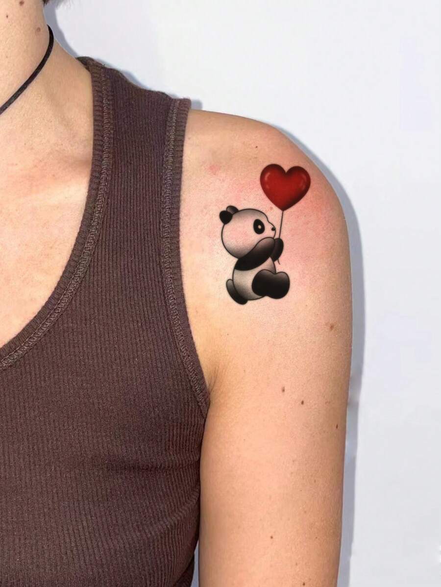 1 Pieza Tatuaje Temporal Adhesivo Lavable, Material De Pvc, Diseño De Panda Rojo De Dibujos Animados Sosteniendo Un Globo , A Prueba De Agua Y Sudor, Adecuado Para Gente Con Estilo En La Vida Diaria - Multicolor - Ver 1
