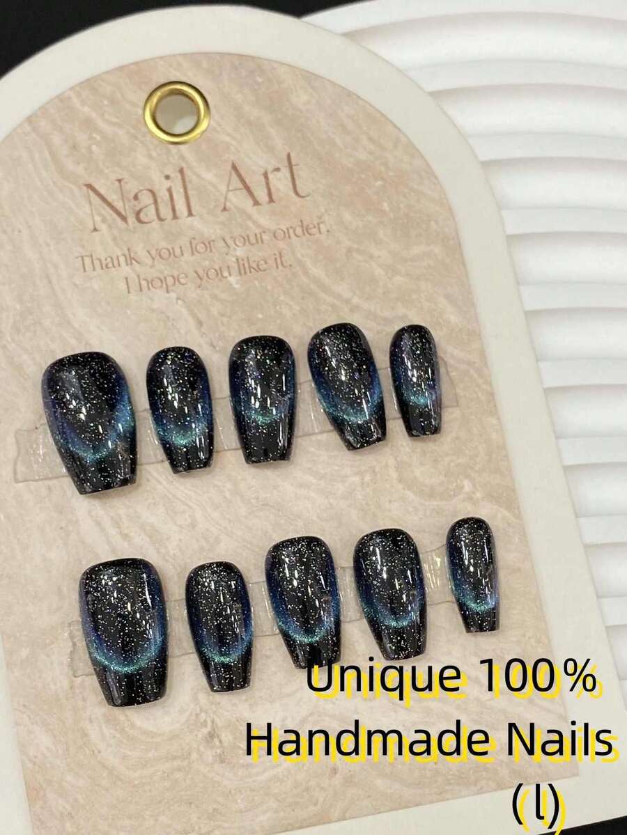 手工美甲套裝，包含10片美甲貼片、4片全指甲貼紙和工具套裝，適合派對和舞會活動使用 - 黑色 - 查看 1