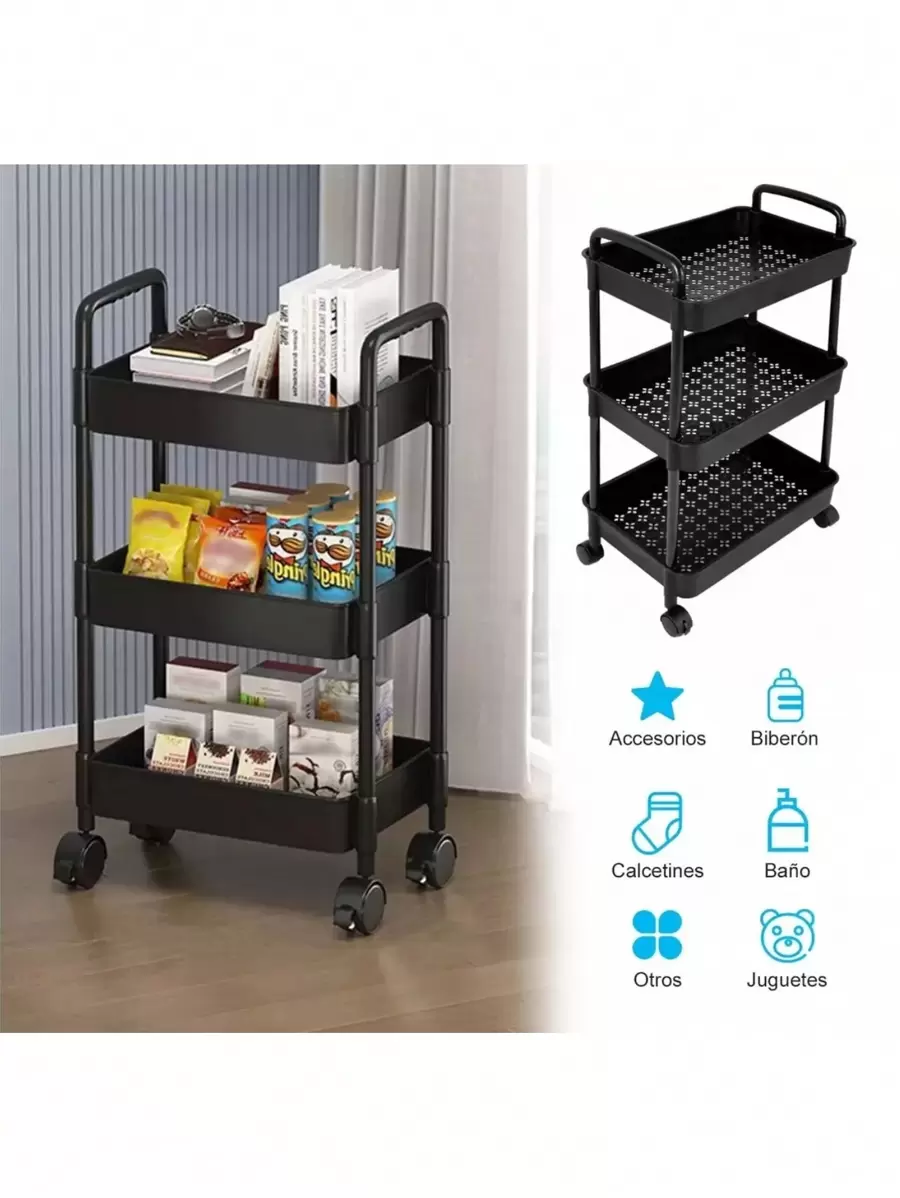 Carrito Organizador Multiusos 3 Niveles Metálico con Ruedas – Carritos Organizadores para Máximo Almacenamiento Cocina, Organizador Cocina Eficiente, Carrito Práctico para la Cocina y Más – Organizador para Cocina Versátil. - Negro - Ver 1