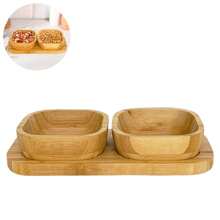 Jogo Petisqueira de bambu 3 peças bowl tigela cumbuca potes com base retangular gamela madeira para frios frutas fondue alimentos petiscos aperitivos bar restaurante porção salgadinhos amendoim nozes castanha suporte bamboo
