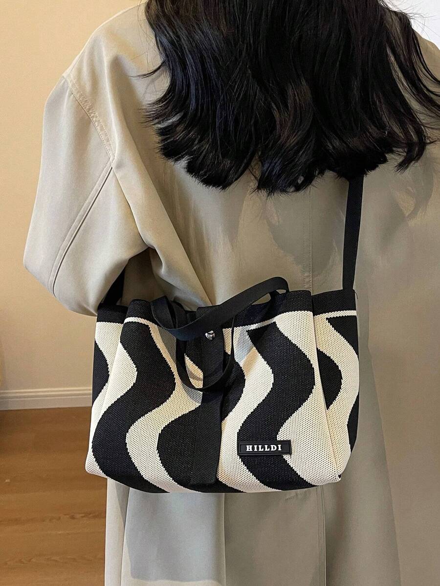 女款四季黑白針織手提包斜背包單肩包托特包適合工作購物女士女孩媽咪 - 黑與白 - 查看 1