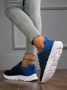 2023新款季節透氣&輕便針織網紗簡單設計繫帶素色女性運動休閒跑步跑步步行鞋 - 寶藍色 - 查看 5