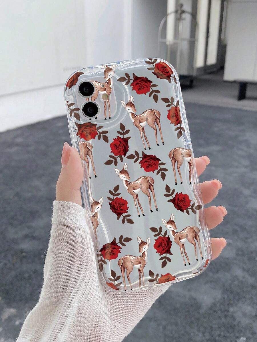 1入組玫瑰鹿紋奶油質感手機殼，適用於蘋果/三星/小米/紅米/Infinix/Oppo/Vivo/Realme