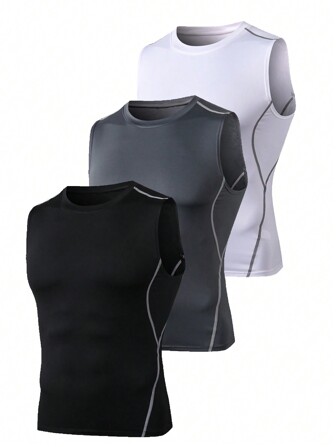 Boyfriend Style Men 3pcs Tight-Fitting Tank Top, Quick Dry Sleeveless High Elasticity Tank Top For Sports And Fitness Gym Clothes, Boyfriend Style Men Compression Top