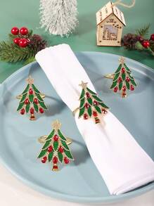 4pcs Christmas Tree Design Napkin Rings With Red Diamond And Enamel Decoration, Suitable For Birthday, Wedding, Thanksgiving, Christmas, Easter, Halloween, Banquet, Buffet Table Exquisite And Minimalist Decor - Multicolor - View 7