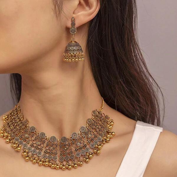 Ball Pendant Earrings & Necklace Set, Antique Gold