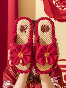 Dép Nơ Cưới, Dép Vải Lanh Đỏ, Mùa Hè/Mùa Thu Cho Cô Dâu Và Chú Rể, 1 Đôi - Đỏ - Xem 5