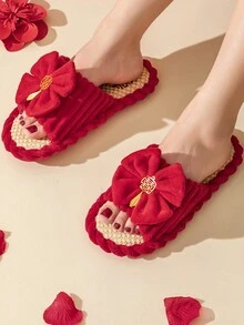 Dép Nơ Cưới, Dép Vải Lanh Đỏ, Mùa Hè/Mùa Thu Cho Cô Dâu Và Chú Rể, 1 Đôi - Đỏ - Xem 2