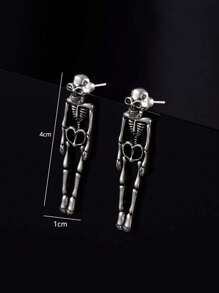 1pair Unique Detachable Realistic Human Skull Skeleton Earrings For Women, Perfect For Halloween Parties - Silver - View 4