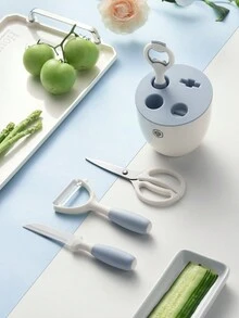 不銹鋼材料五件套工具套裝,包括水果刀,削皮器,廚房剪刀,開瓶器和刀座