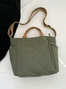 大容量純色菱形裁剪縫紉圖案多口袋肩背包,針對女性設計 - 軍綠色 - 查看 10