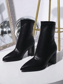 Women Ankle Boots And Short Boots, Fashion Pointy Toe Block Heel Elastic Shaft Short Boots For Autumn/Winter - Black - View 2
