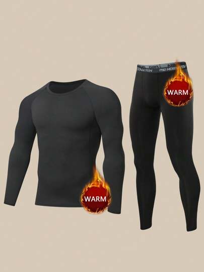 Terno esportivo de lã térmica de inverno para homens, roupas de ginástica de compressão justa, tops e leggings de camada de base quentes de secagem rápida