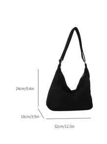 時尚休閒大容量實心灰綠色磨縮絨布女士斜挎包，黑色磨縮絨布霍伯肩背包，輕便簡約手提實色包 - 黑色 - 查看 4