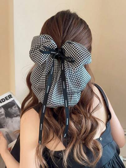 1pc Women's Houndstooth Bowknot Pattern Hair Claw Clip Hairpin For Ponytail, Bun, French Twist, Suitable For Parties, Travel And Daily Use Elegant,Hair Accessories,Claw Clips,Hair Jaw Clip,Hair Clutch Fall Winter Hair Clip For Vacation Outfits Woman