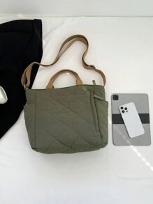 大容量純色菱形裁剪縫紉圖案多口袋肩背包,針對女性設計 - 軍綠色 - 查看 3