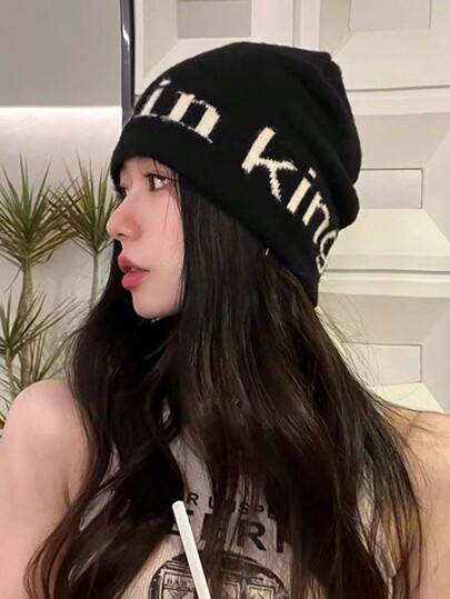 1pc Women's Stylish Knit Hat With Letter Detailing, Suitable For Kpop Street Fashion Style, Warm & Ear Protective Knitted Cap For Autumn Winter, Daily Wear