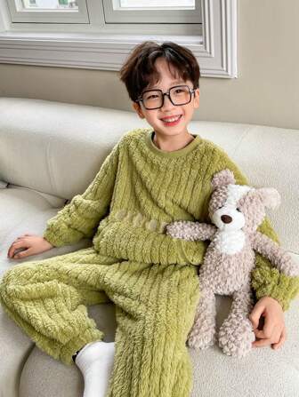 zosee Thickened Coral Fleece Boys' Home Wear 2pcs/set For Winter