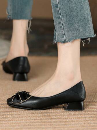 French Style Square Toe Chunky Heel Women's Pumps 2023 New Bowknot Low Vamp Mid Heel Pumps Elegant Loafers