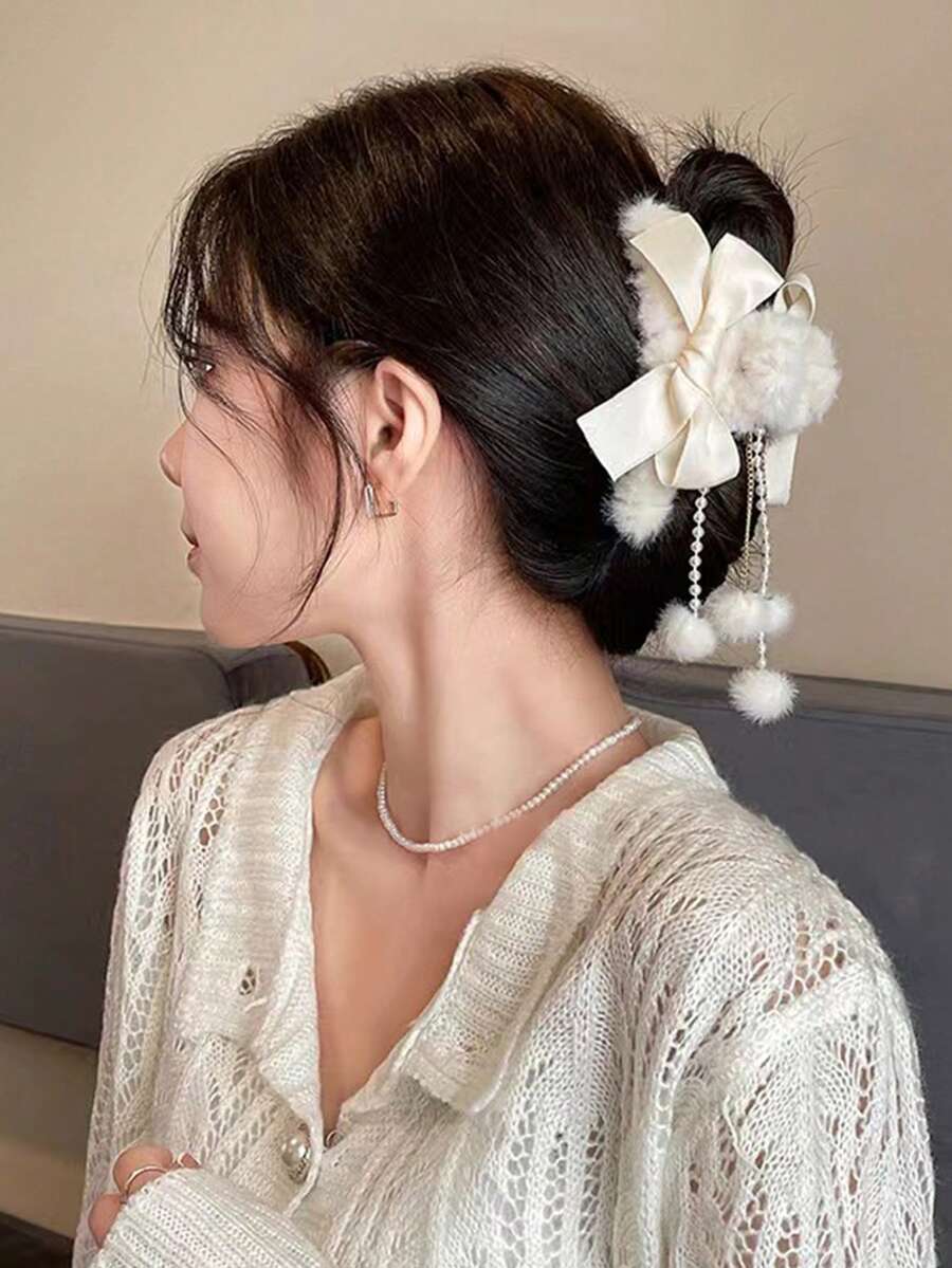 1 件裝女式蓬鬆白色流蘇髮夾,簡約蝴蝶結設計,適用於後腦做髮髻(流蘇可拆卸),適合日常配戴 - 白色 - 查看 1