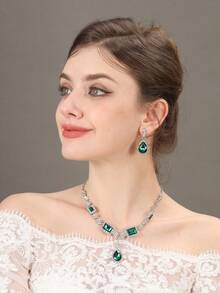 3入組/套綠色水鑽合金項鏈和耳飾新娘婚禮配件