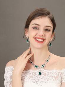 3入組/套綠色水鑽合金項鏈和耳飾新娘婚禮配件