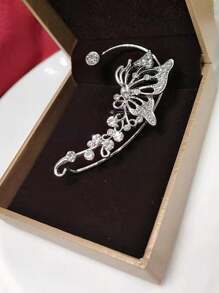 1pc Silver Butterfly Shaped Ear Cuff With Shiny Rhinestones For Non-pierce Ear, Delicate Design And Fashionable Style Suitable For Women's Daily Wear - silver left ear - View 8