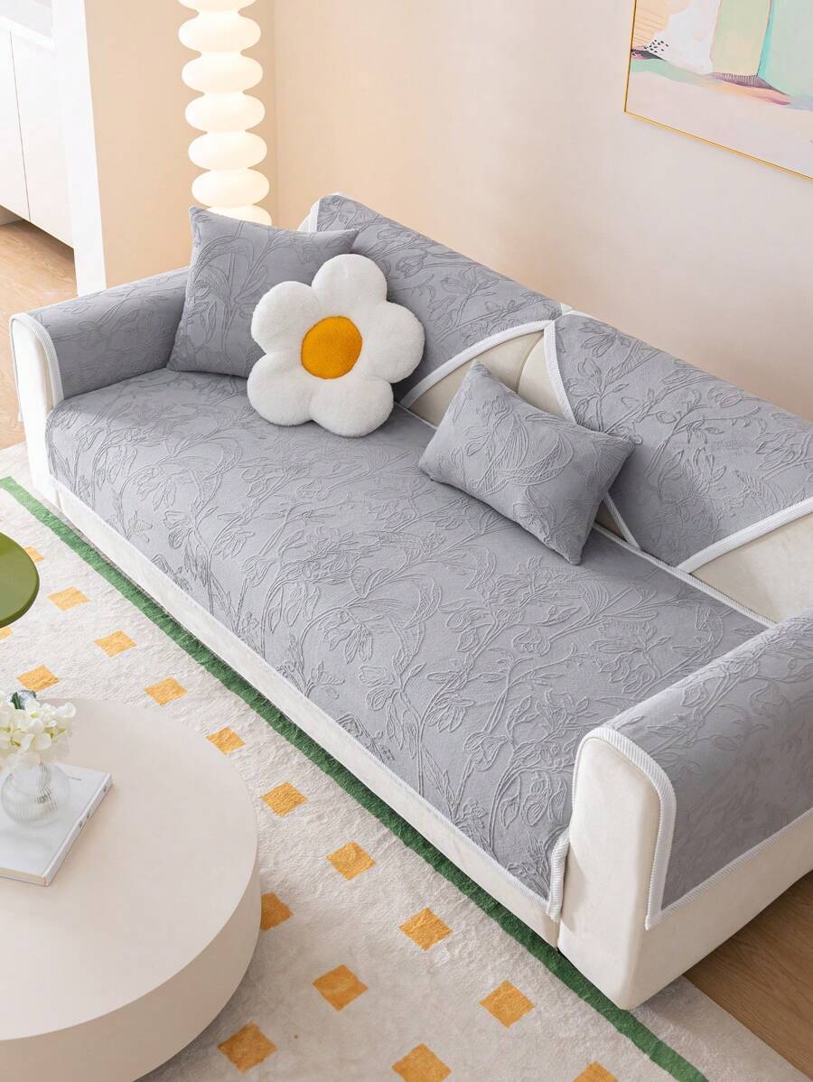 1pc Universal Season Simple Modern Seat Cushion With Plant Pattern Sofa Slipcover - Grey - View 1