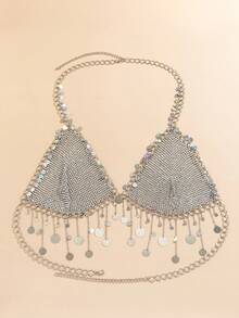 1 件華麗閃亮圓形亮片和彩虹水鑽流蘇裝飾身體鏈適合女士節日服裝、夜總會和派對慶典連身裙 - 銀色 - 查看 2