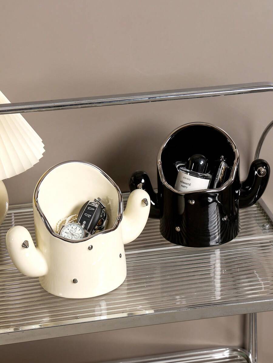 A白色收納盒珠寶收納盒,陶瓷仙人掌造型店鋪鑰匙項鍊圓環化妝品,適用於門廳入口浴室客廳梳妝台