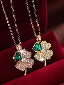 1pc Fashionable Versatile Cubic Zirconia Inlaid Pendant Necklace - Green - View 1
