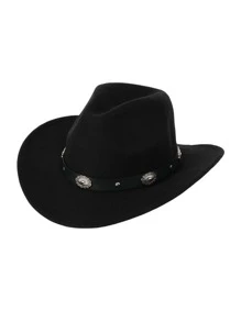 1頂【牛仔帽】柔軟針織秋冬牛仔帽,金屬朋克風格西部牛仔帽帶皮帶裝飾黑色寬邊騎士帽男士戶外旅行帽舞台表演帽派對帽波西米亞風