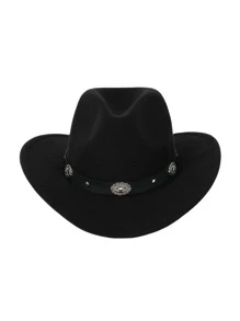 1頂【牛仔帽】柔軟針織秋冬牛仔帽,金屬朋克風格西部牛仔帽帶皮帶裝飾黑色寬邊騎士帽男士戶外旅行帽舞台表演帽派對帽波西米亞風