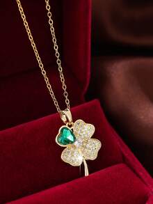 1pc Fashionable Versatile Cubic Zirconia Inlaid Pendant Necklace - Green - View 5